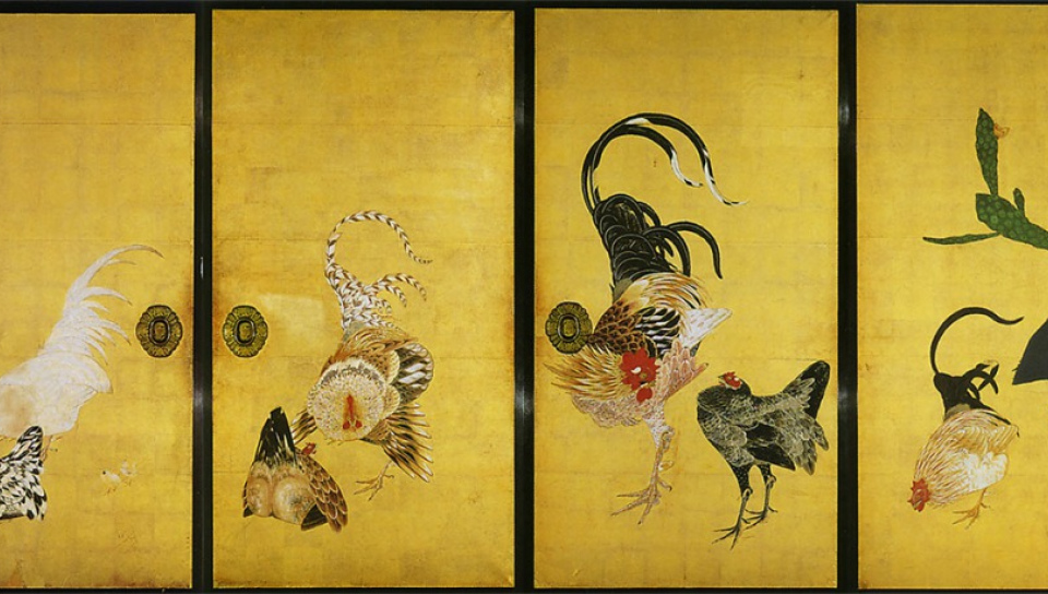 伊藤若冲作《仙人掌群雞圖》。（1716～1800）
