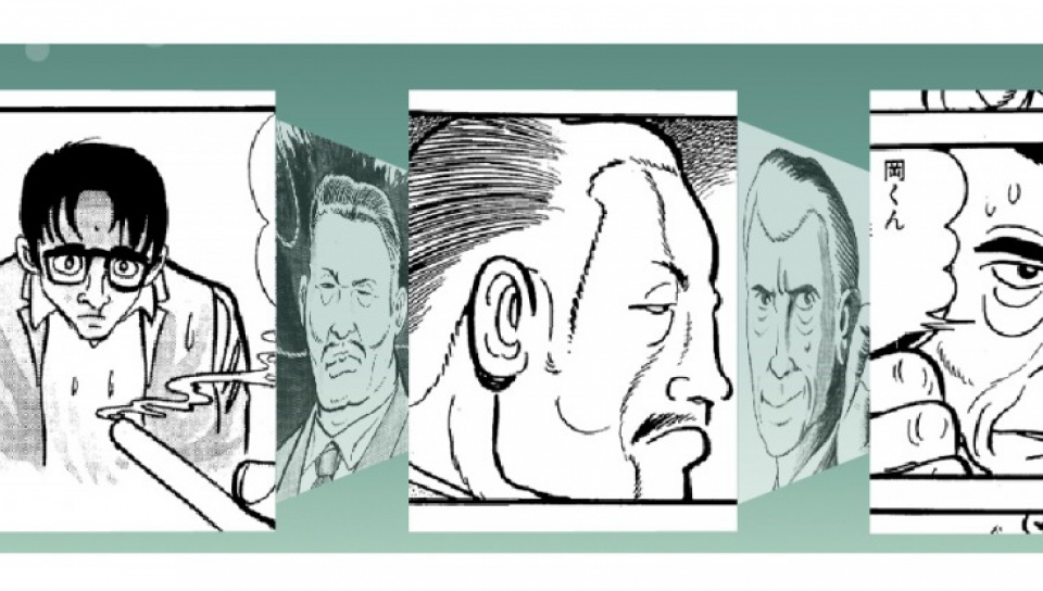 手塚治虫作品〈惡魔的開幕〉書中人物，左起：岡重明、丹波首相、老師。（圖片取自官網）
