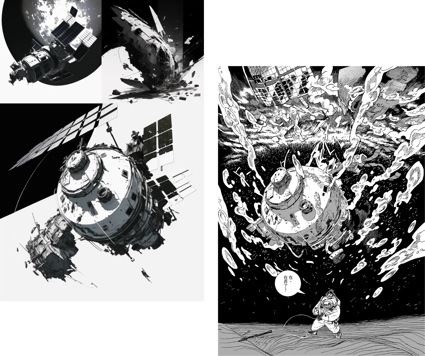文字算圖:人造衛星墜落/破碎(左側為Midjourney算圖)