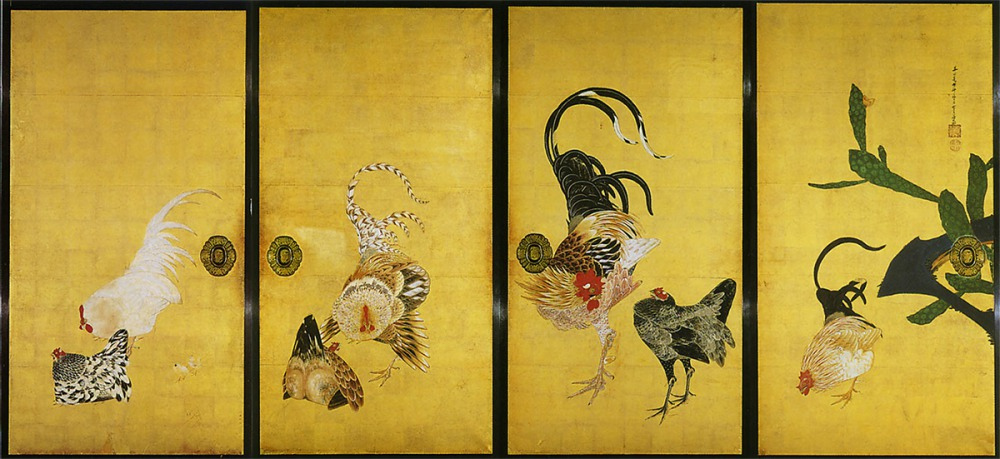 伊藤若冲作《仙人掌群雞圖》。（1716～1800）