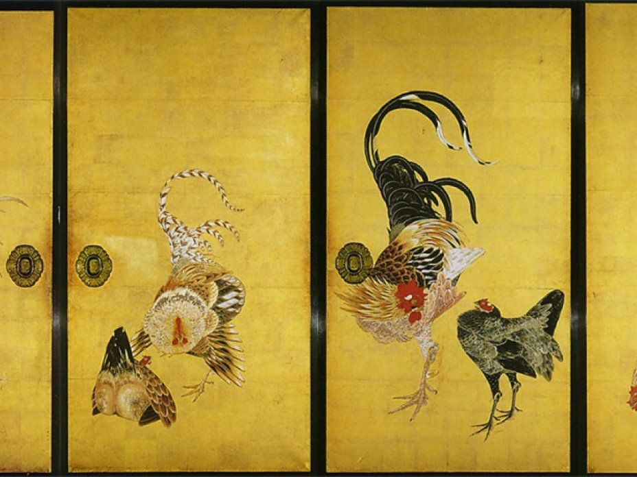 伊藤若冲作《仙人掌群雞圖》。（1716～1800）